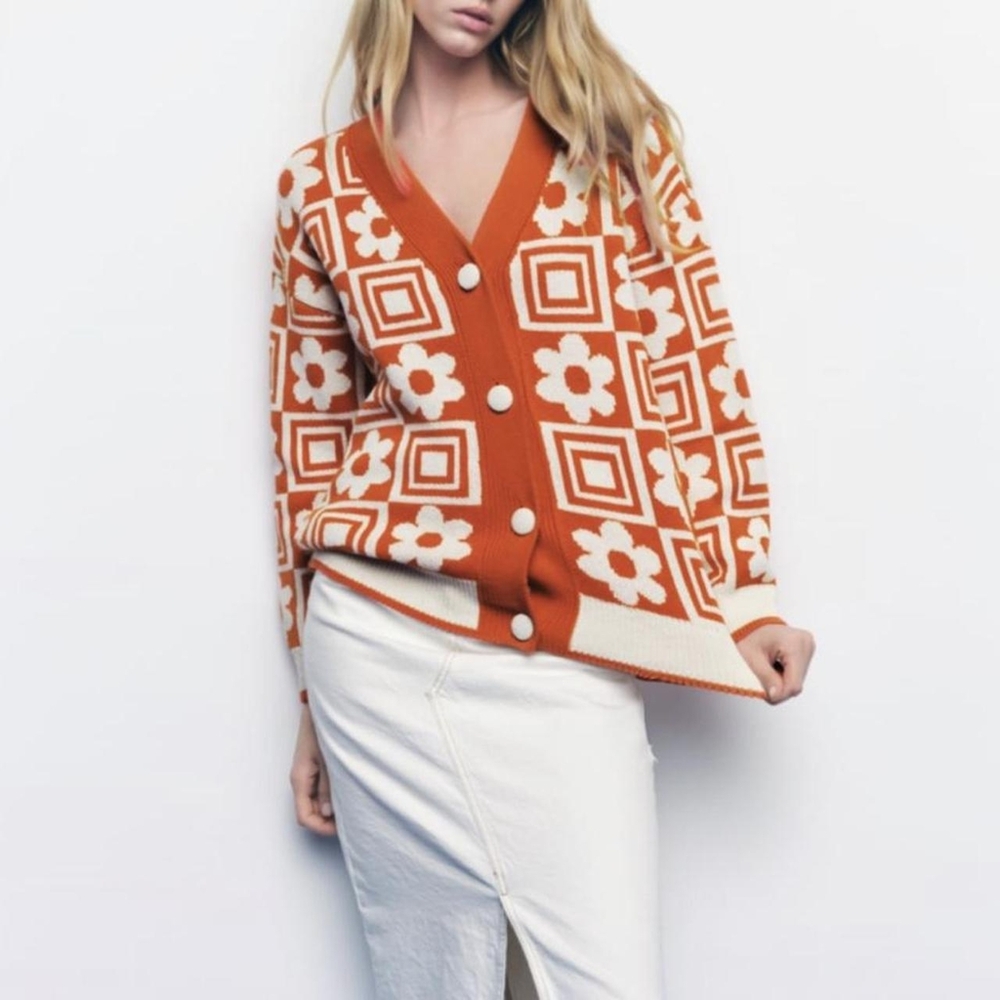 ZARA Oversized Orange/Ivory Cotton Blend Floral Print Cardigan - Size M